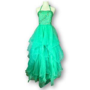 FLAWED Perfect Angel Beaded Bright Green Pageant Dress Girl 14 Ball Gown Halter